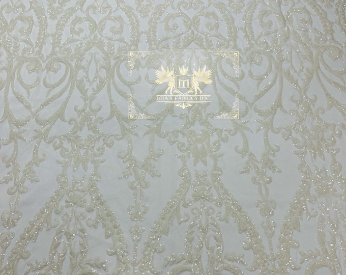 White Sequins Lace Fabric On Mesh, Damsk Design Embroidered 4way Stretch Sequin By Yard -Prom-Gown ( Choose The Size )