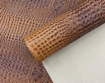 Dark Cognac Gator Embossed Vinyl Fabric: Faux Crocodile Leather Upholstery