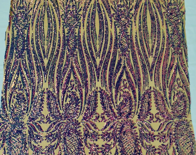 Iridescent Sequin Fabric on Skin Mesh - by the yard - Paisley Pattern on a 4 Way Stretch Shine Sequins Fabric Mesh-Prom-Gown