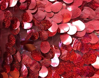 Red Hologram Big Sequins Oval Sequin Paillette, by the yard - Tear Drop Mermaid Jumbo Sequins Fabric On a Mesh (Pick a Size)