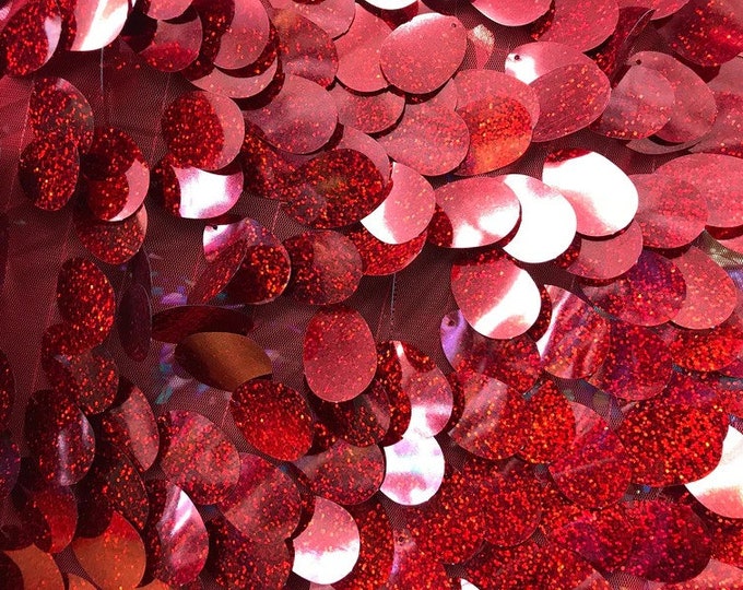 Red Hologram Big Sequins Oval Sequin Paillette, by the yard - Tear Drop Mermaid Jumbo Sequins Fabric On a Mesh (Pick a Size)