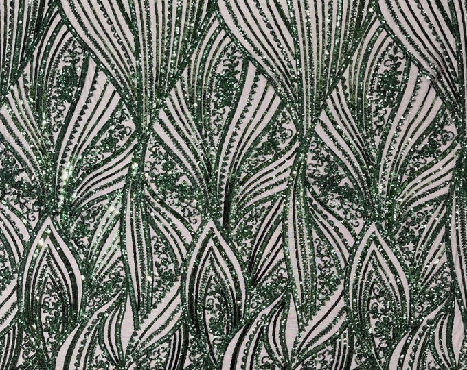 Hunter Green Sequins Fabric 4 Way Stretch on a Mesh | Embroidered Damask Design With Sequin Lace Prom-Gown by the yard