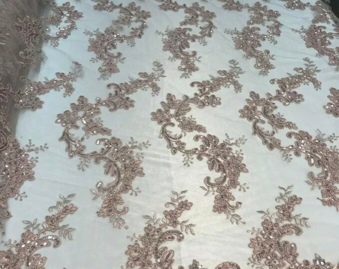 Blush Floral Lace Fabric, Embroidery With Sequins on a Mesh Lace Fabric By The Yard For Gown, Wedding-Bridal