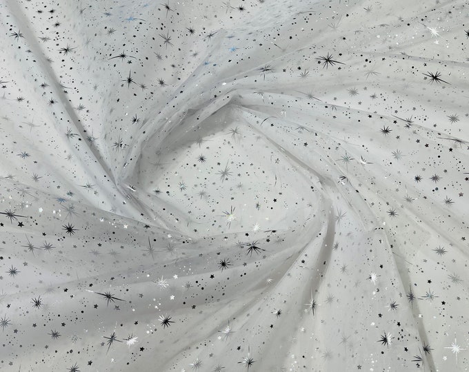 Foil Stars Silver On White Sheer Organza Sold by the Yard, 60" Wide - Organza Fabric For Dresses, (Pick a Size)