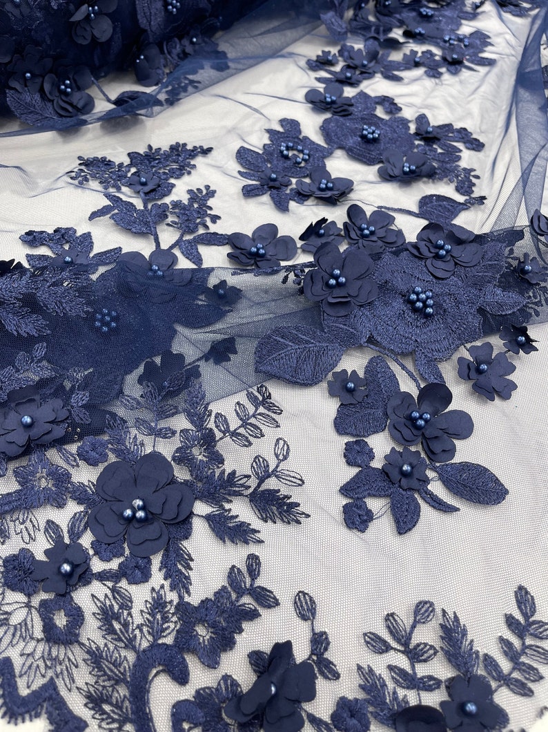 Navy Blue 3D Floral Lace Fabric With Pearls - Bridal Wedding Lace - Etsy