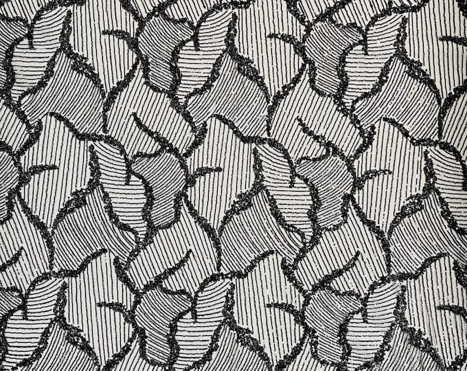 Black Beaded Fabric by the yard, Bridal beaded, Damask Pattern With Beads and Sequin, Appliqué lace for bridals,weddings,prom dress