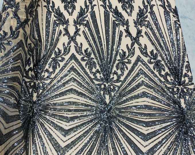 Charcoal Sequins Lace Fabric On Nude Mesh, Geometric Design Embroidered On 4 way Stretch Sequin By The Yard -Prom-Gown ( Choose The Size )