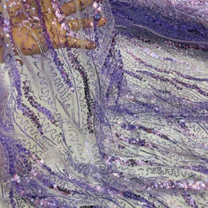Lilac Wavy Design Beads and Sequins,  Embroidered With Beaded Fabric Sequin on a Mesh Lace,Wedding,Bridal,Dress Sold By The Yard