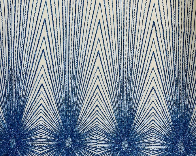 Royal Blue Sparkling Glitter Mesh Fabric By The Yard, Glitters and Sequins Damask Geometric Glitter Fabric Wedding Bridal Decor Prom Glitter