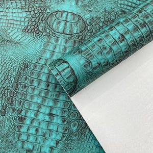 Caribbean Teal Metallic Caiman Gator Vinyl - Upholstery Faux Leather Vinyl Fabric by the Yard, Embossed Gator Caiman Fabric Upholstery