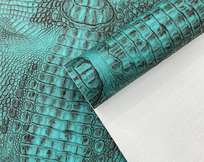 Caribbean Teal Metallic Caiman Gator Vinyl - Upholstery Faux Leather Vinyl Fabric by the Yard, Embossed Gator Caiman Fabric Upholstery
