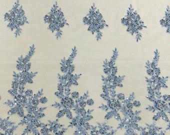 Baby Blue Floral Beaded Lace Fabric - Embroidered Wedding Bridal Mesh, Sold By The Yard