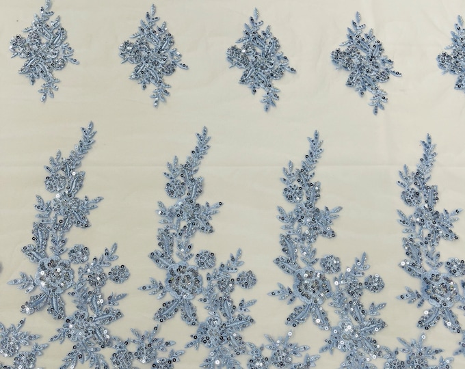 Baby Blue Floral Pattern Beaded Fabric - Embroidered Beaded & Sequins Wedding Bridal Fabric | Lace Beaded | Sold By The Yard