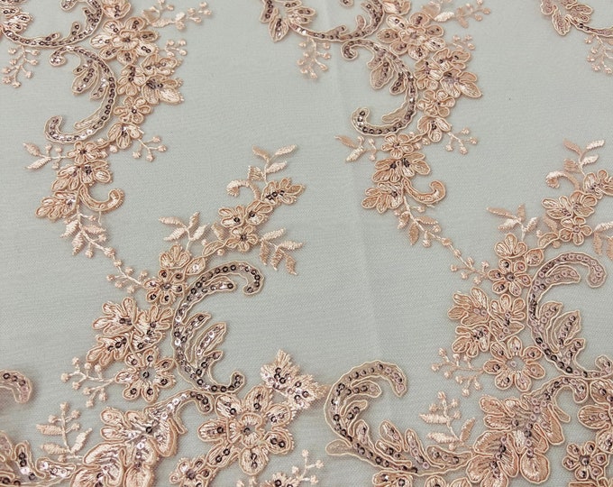 Blush Peach/Pink Floral Lace Fabric, by the yard - Embroidery With Sequins on a Mesh Lace Fabric For Gown, Wedding-Bridal