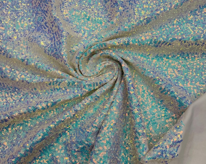 Aqua Iridescent Mini Glitz Sequins by the yard on Spandex Fabric | 4 Way Stretch | Mini Glitz Sequin Fabric