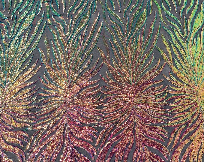 Rainbow Iridescent Sequin, on Black Mesh - Phoenix Wing Sequin Spandex Mesh Fabric for Prom Gala Gown Sold By Yard