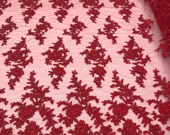 Red Embroidered Beaded Floral Lace Fabric - Bridal Wedding Dress Fabric