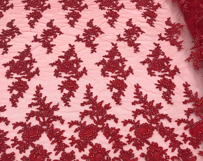 Red Beaded Fabric, Cluster Bead Fabric Embroidered Flower Beaded Fabric Wedding Bridal Lace Fabric Sold By Yard