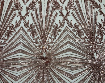 Rose Gold Sequin Fabric, Damask Geometric Embroidered Power Mesh, By The Yard