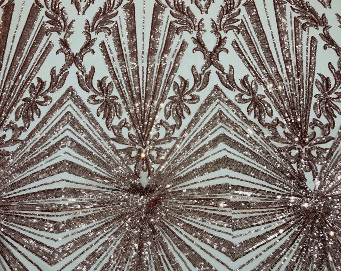 Rose Gold Damask Geometric Design 4 Way Stretch, Embroidered With Sequins On Power Mesh, By The Yard