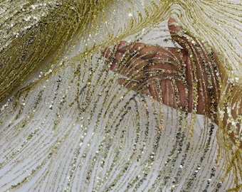 Gold Glitter Sequin on Mesh Lace Fabric, Wedding Decor Fabric Bridal/Prom/Sparkle