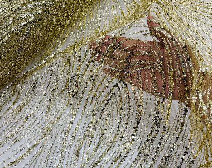 Gold Glitter Sequin on Mesh Lace Fabric, Wedding Decor Fabric Bridal/Prom/Sparkle