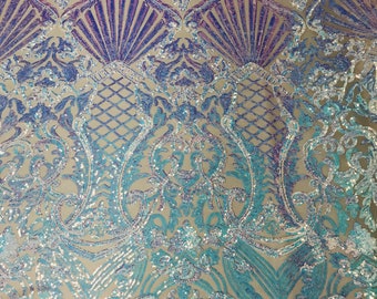 Iridescent Aqua Sequin Lace Mesh Fabric, 4-Way Stretch, Gala Gown