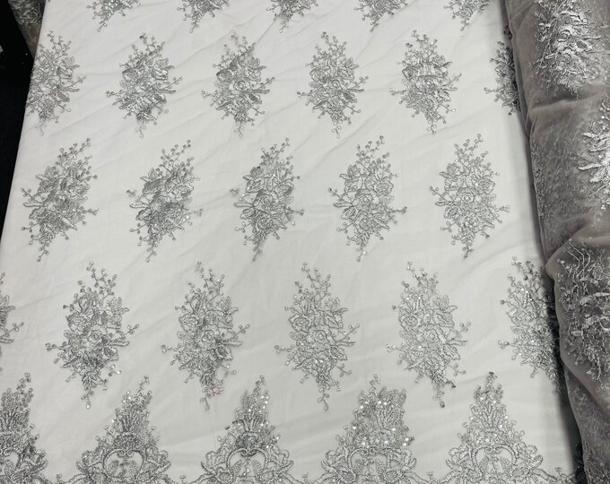 Flower Lace Fabric - Silver with Metallic Thread - Floral Cluster Embroidered Design on Mesh Lace Fabric by the Yard (Pick a Size)