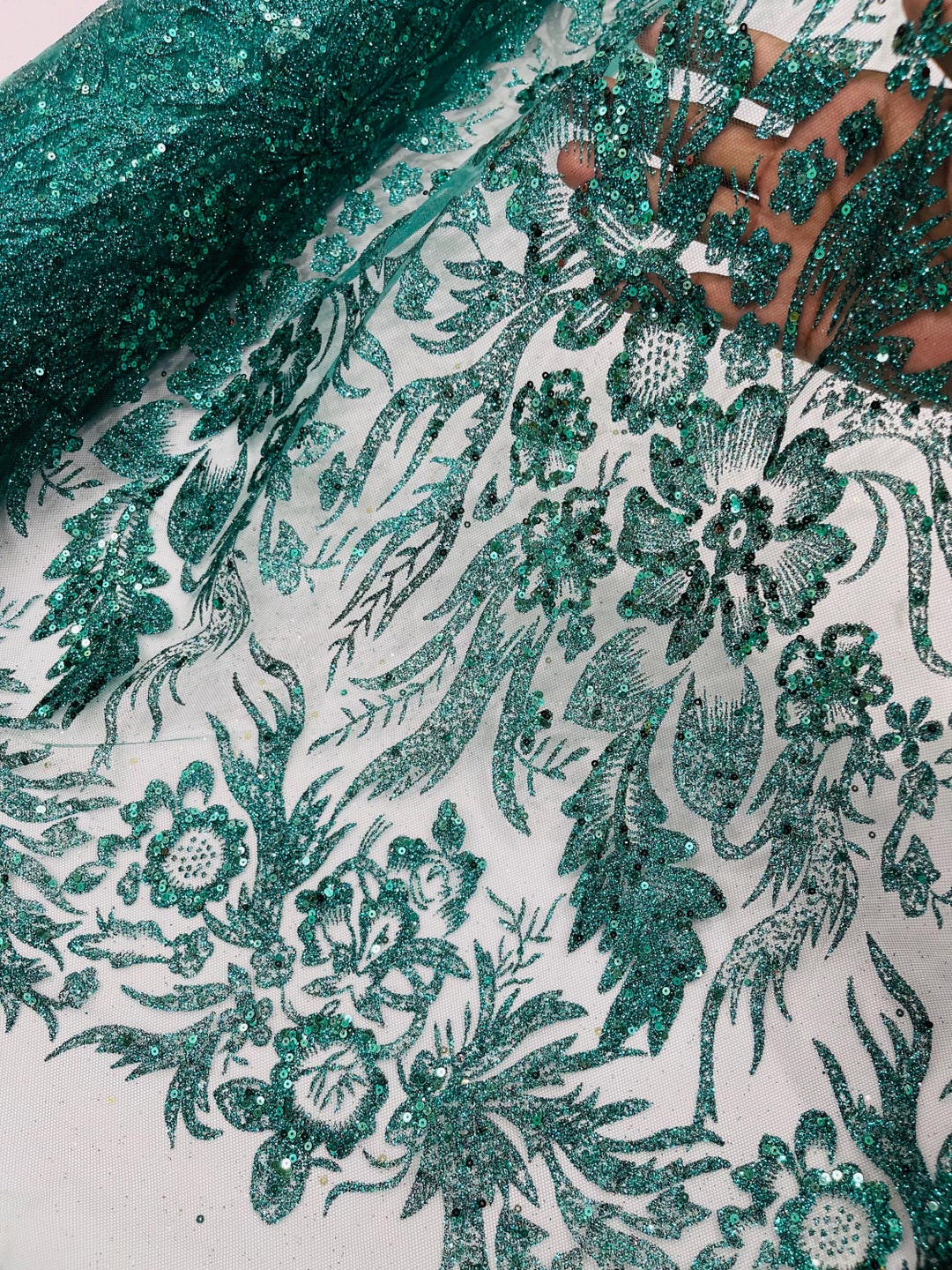 Hunter Green Glitter Sequin Mesh Lace Fabric, Wedding Decor Fabric ...