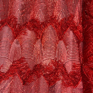 Red Fringe Sequins on a Mesh, Red Fringe Design Embroidered on 2 Way Stretch Fancy Sequin ( Choose The Size )