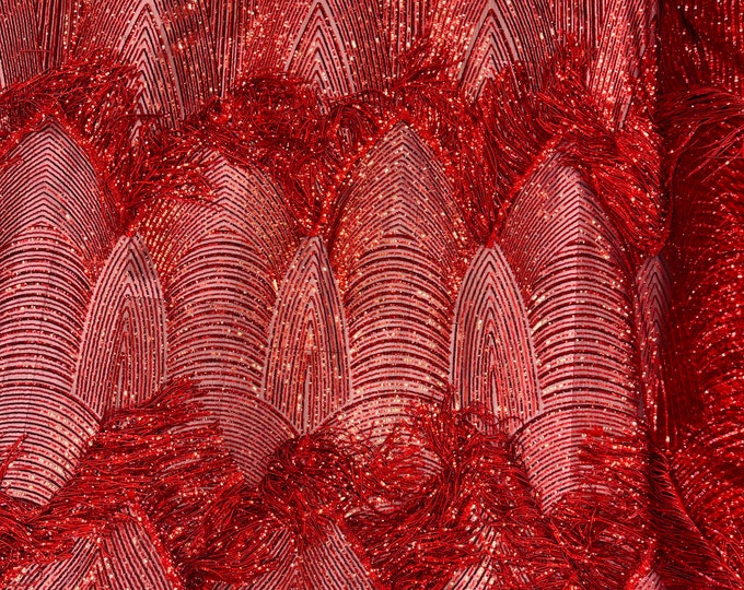 Red Fringe Sequins on a Mesh, Red Fringe Design Embroidered on 2 Way Stretch Fancy Sequin ( Choose The Size )