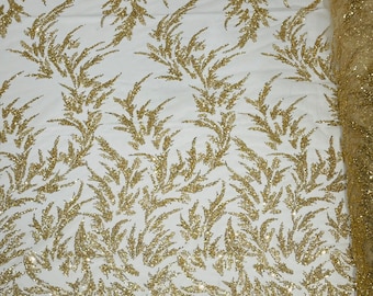 Gold Beaded Leaf Pattern Beaded Fabric by the yard (Pick a size ) Mesh Embroidered Floral Beaded Wedding Bridal Fabric