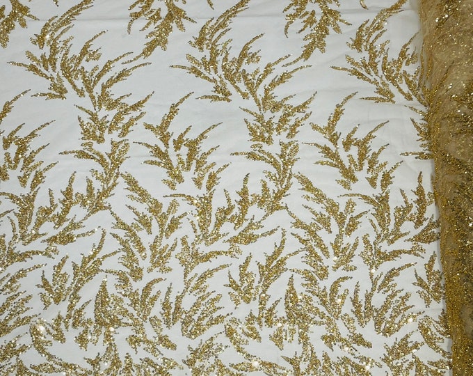 Gold Beaded Leaf Pattern Beaded Fabric by the yard (Pick a size ) Mesh Embroidered Floral Beaded Wedding Bridal Fabric