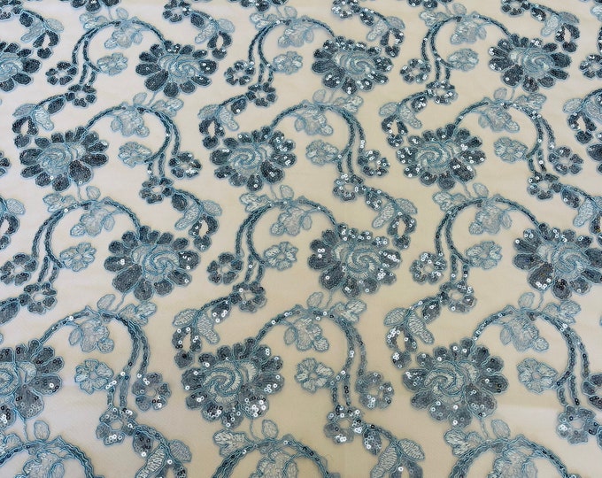 Mia Fabrics, Baby Blue Mesh Embroidery Corded Lace With Sequins, Flower Lace Sequin Sold by the yard (Pick a Size)