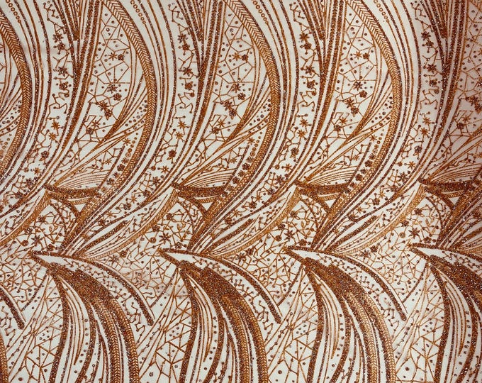 Rhinestones Glitter Fabric on a Mesh By The Yard | Wavy Desing Glitter Rhinestones on Mesh Fabric, Wedding Bridal/Prom