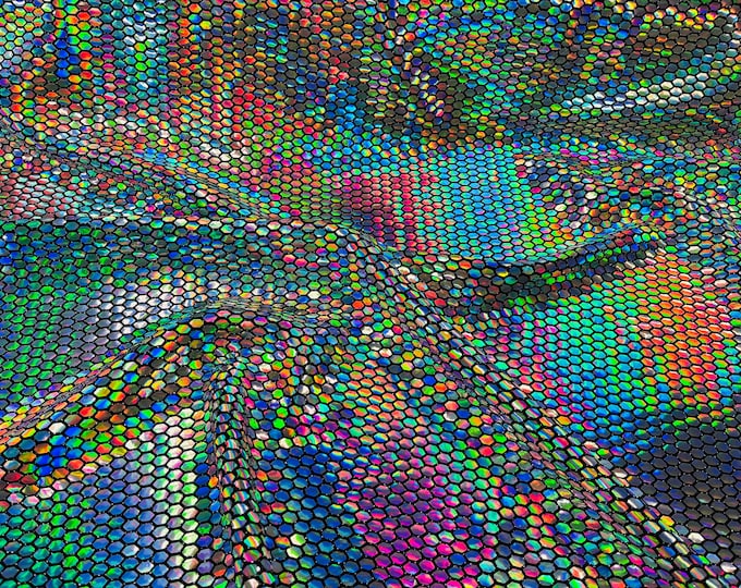 Honeycomb Foil Fabric - Iridescent Silver - Hexagon Print On Black Spandex Fabric By The yard, (Choose The Size)