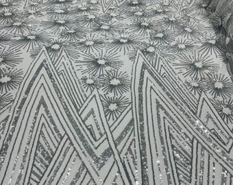 Silver/White Geometric Design 4 Way Stretch, Embroidered With Sequins On Power Mesh, By The Yard