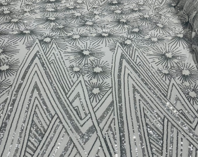 Silver/White Geometric Design 4 Way Stretch, Embroidered With Sequins On Power Mesh, By The Yard