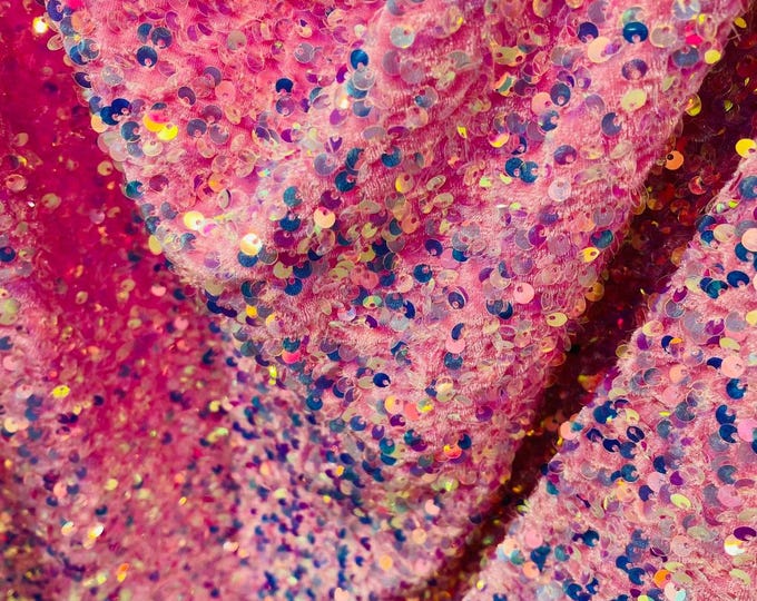 Pink Iridescent Sequin Velvet Fabric: 2-Way Stretch (58/60" Wide)