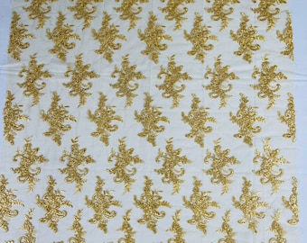 Gold Floral Sequin Lace Fabric: Embroidered Mesh, Bridal Wedding