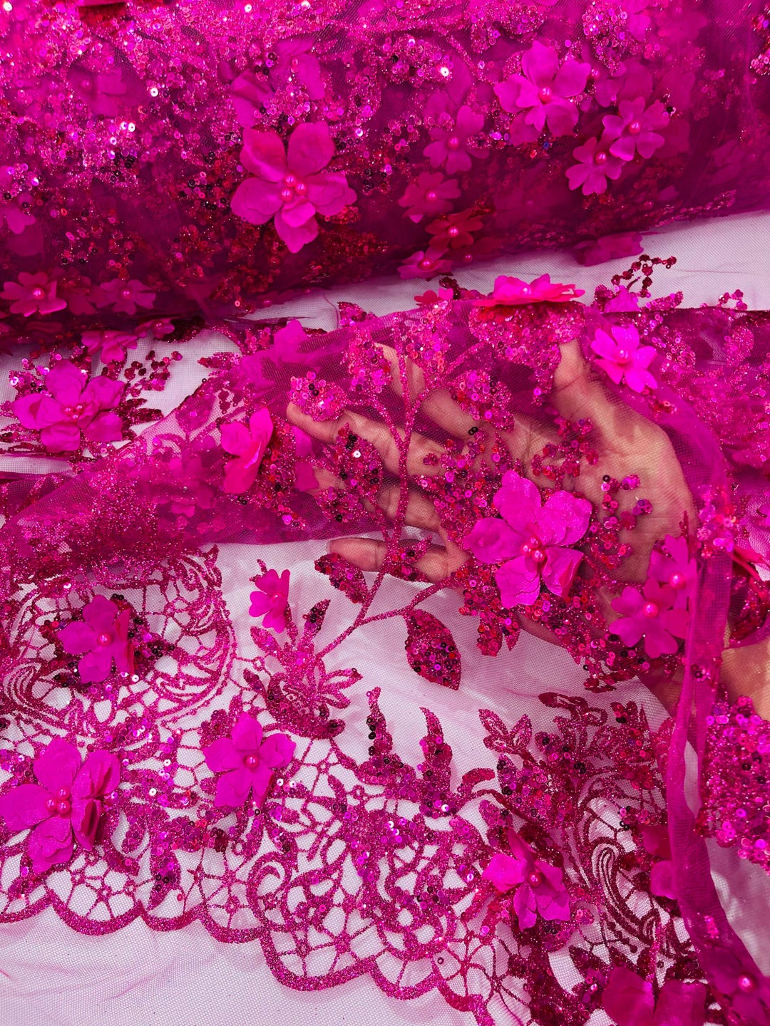 Fuchsia & Raspberry Embroidered Swirl Vine & Micro-Floral Sequin Print Fabric