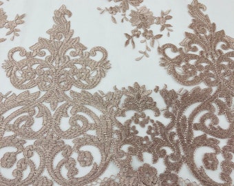 Blush Damask Embroidered Floral Lace Fabric, Bridal Wedding Dress, By The Yard