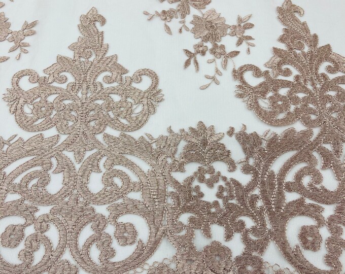 BLUSH Damask Design Embroidered on Mesh Lace Fabric, Floral Bridal Lace Wedding Dress by the Yard (Pick a Size)