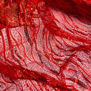 Red Wavy Design Beads and Sequins,  Embroidered With Beaded Fabric Sequin on a Mesh Lace,Wedding,Bridal,Dress Sold By The Yard