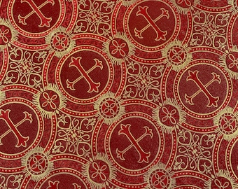Red & Gold Cross Brocade Fabric: Liturgical Vestment Jacquard