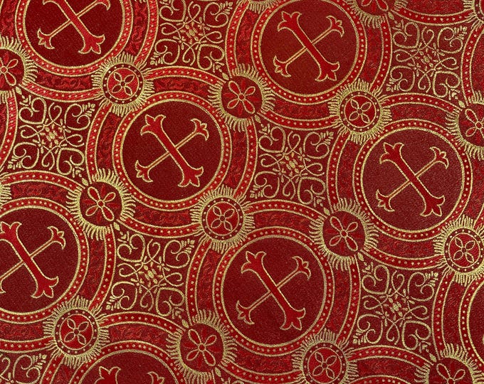 Red & Gold Cross Brocade Fabric: Liturgical Vestment Jacquard