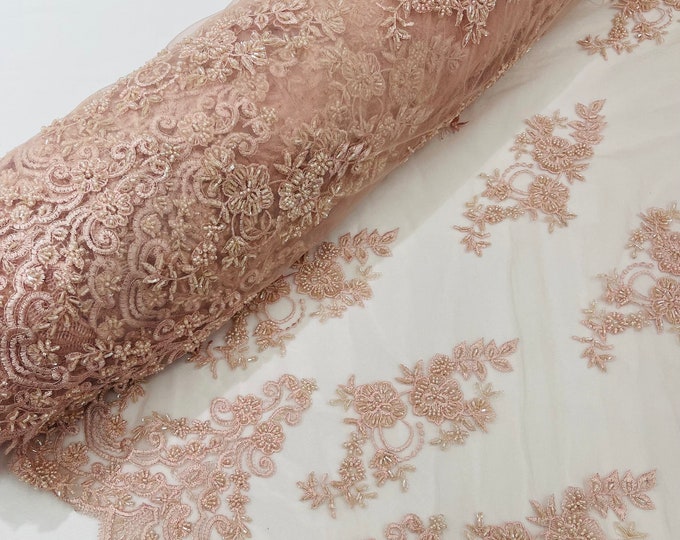 Lt Pink Floral Cluster Beaded Fabric - Embroidered Flower Beaded Fabric Wedding Bridal Sold By The Yard