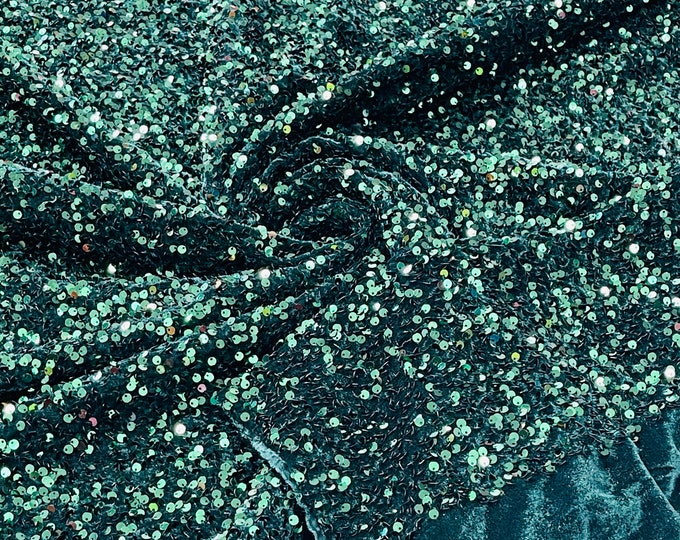 Hunter Green Sequin Velvet Fabric | on Stretch Velvet | by the yard | all Over 5mm Sequins Velvet 2-way Stretch 58/60”