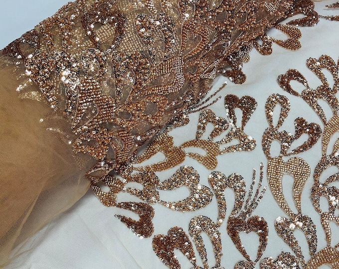 Rose Gold Beaded Leaf Fabric – Embroidered Bridal Mesh, By The Yard