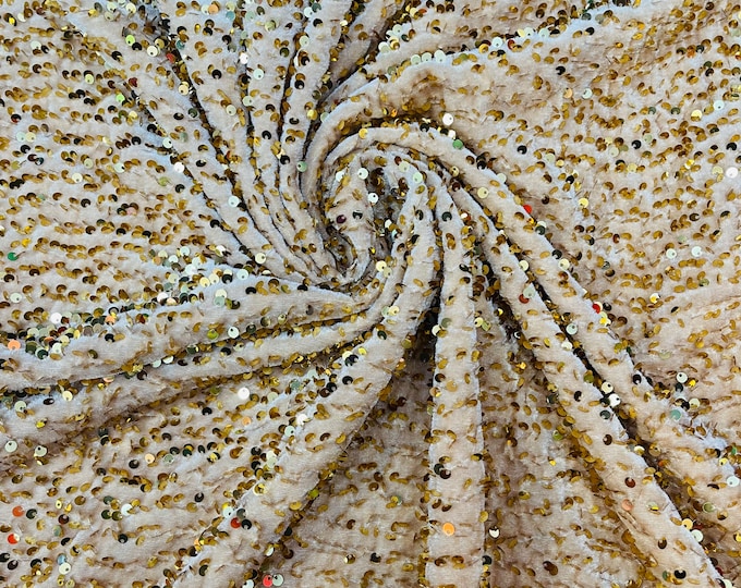 Sequins Velvet Fabric - Gold - 2Way Stretch Velvet With Partial Luxury Sequins  5mm Shining Sequin Velvet 58/60” (Choose The Quantity)